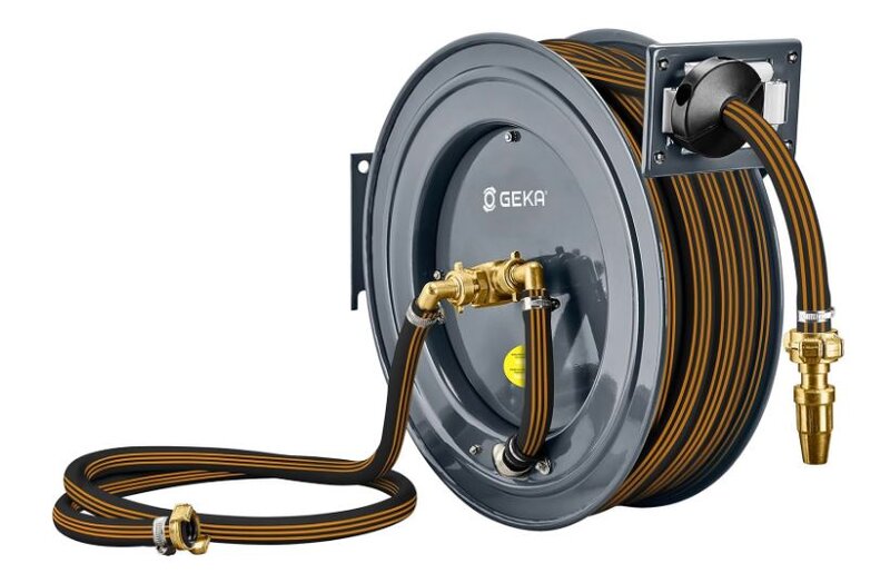 Automatický ocelový naviják hadic GEKA plus PA20GSK s 15 m 3/4“ hadice EPDM
